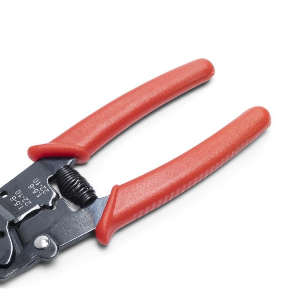 Detailed view of the ergonomic red plastic-dipped handles on the Crescent wire stripper pliers, designed to provide maximum comfort and a non-slip grip for trades professionals.