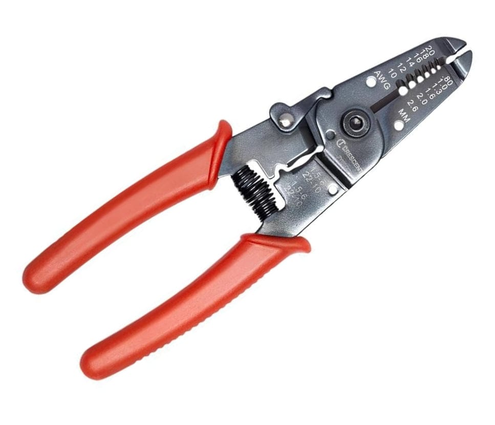 Side profile of the Crescent professional wire stripper and cutter tool, illustrating the slim design and high-quality alloy steel blades used for twisting and bending electrical wire.
