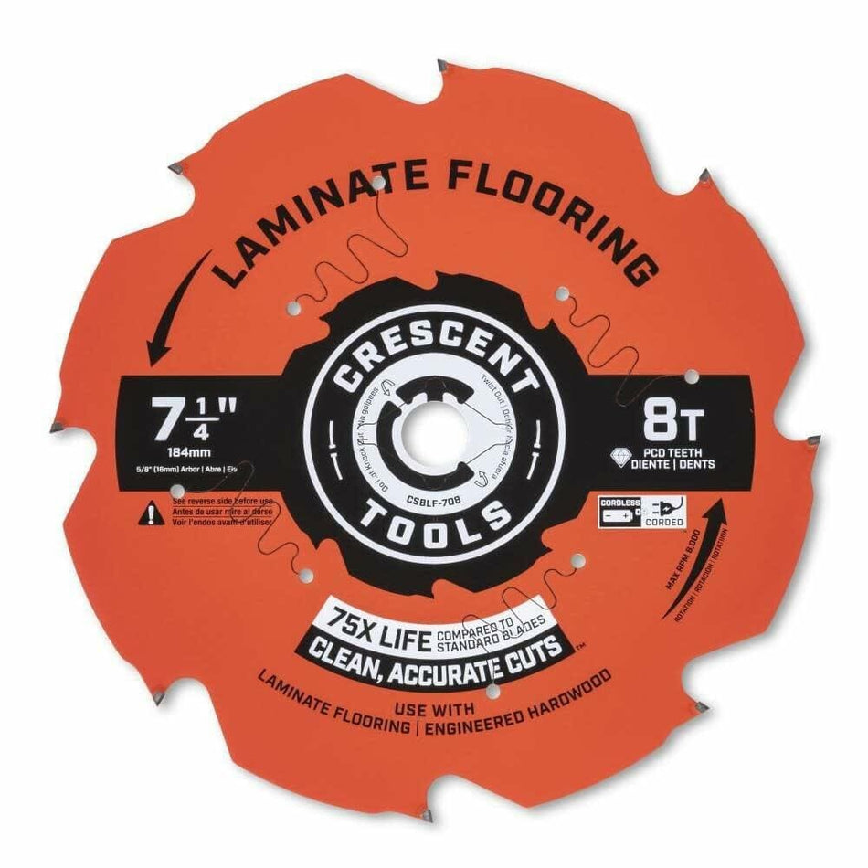 Front view of the Crescent 7 1/4-inch circular saw blade with 8 PCD teeth, showing the orange blade body marked for laminate flooring and engineered hardwood.