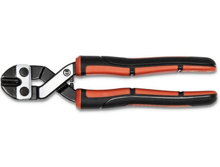 A studio product photo of the Crescent 8-1/2 inch compact angled wire and bolt cutter against a white background, highlighting the heavy-duty steel head and black and orange ergonomic grips.