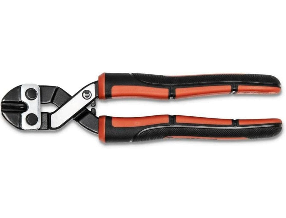 A studio product photo of the Crescent 8-1/2 inch compact angled wire and bolt cutter against a white background, highlighting the heavy-duty steel head and black and orange ergonomic grips.