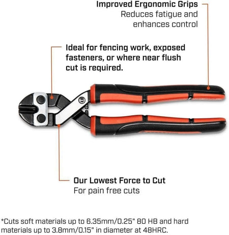 Infographic of the Crescent CT0890BCA angled bolt cutter showing it is ideal for fencing work, exposed fasteners, or near flush cuts, while featuring improved ergonomic grips for enhanced control.