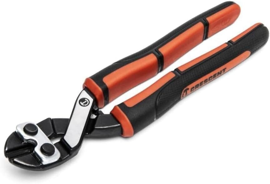 Angled view of the Crescent compact angled wire and bolt cutter showcasing the high-leverage joint design and textured handle grips with the Crescent brand logo.