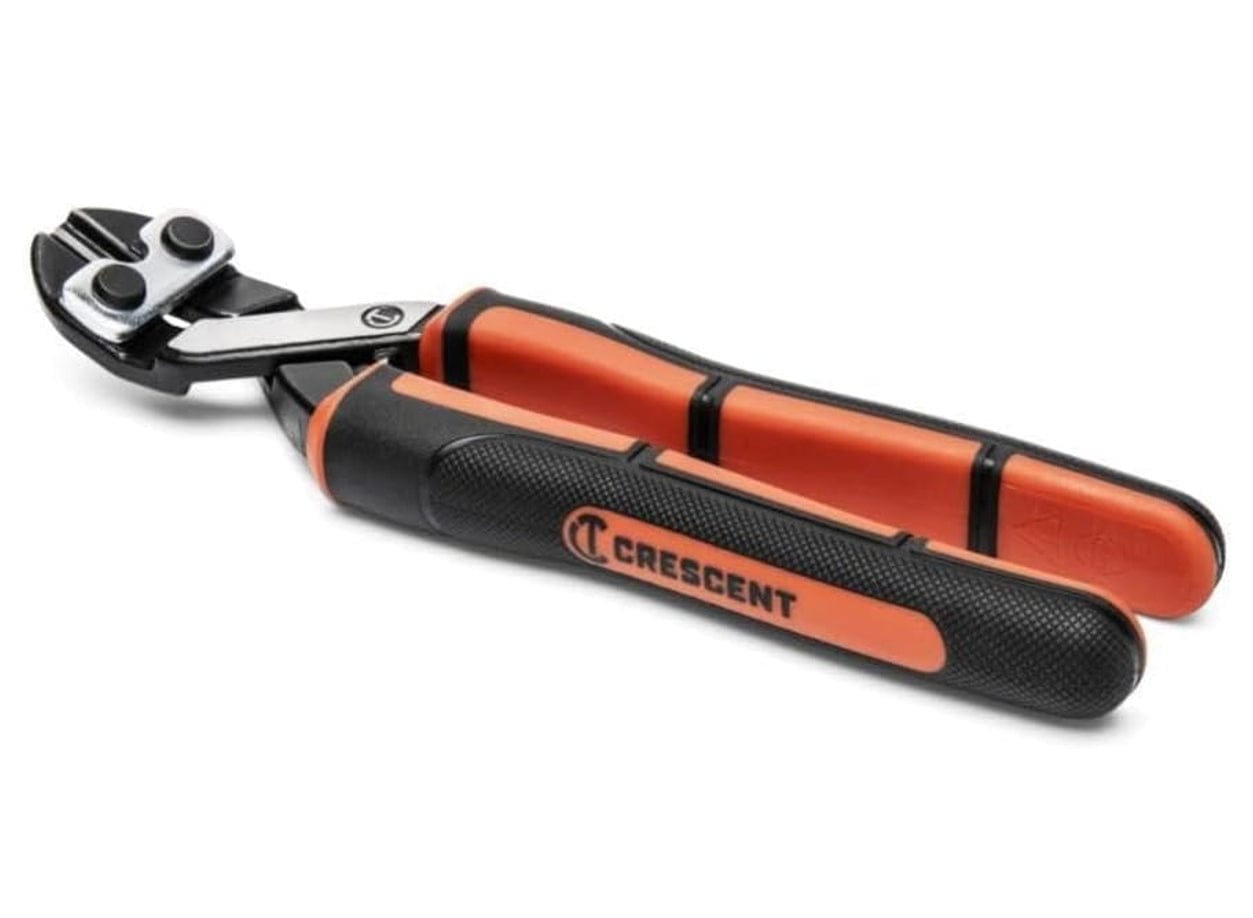A side profile of the Crescent 8.5-inch compact angled bolt cutters, emphasizing the slim tool design suited for making precision cuts in restricted or tight spaces.