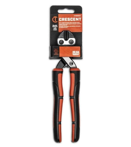 The Crescent 8-1/2 inch compact angled wire and bolt cutter in its original retail hanging packaging, highlighting the 24 percent less force to cut claim and full lifetime warranty.