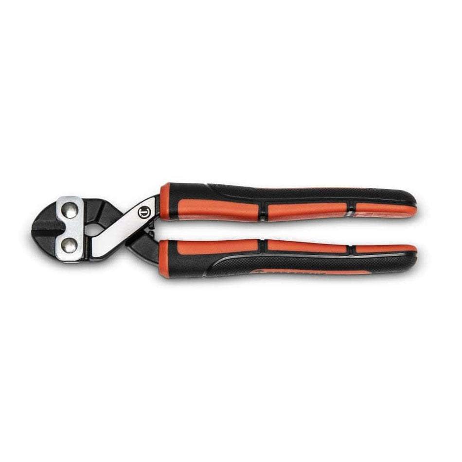 A studio product shot of the Crescent 8-1/2 inch compact wire and bolt cutter against a white background, showcasing the black and orange ergonomic non-slip grips and heavy-duty steel cutting head.