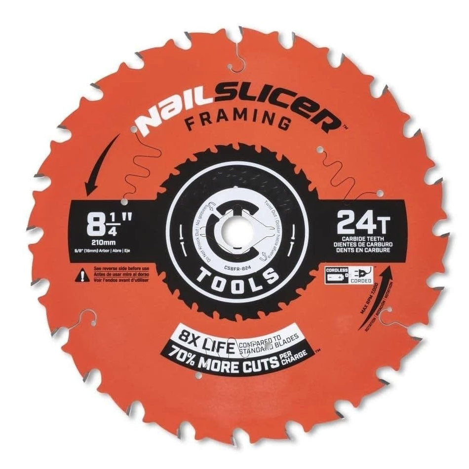 Diablo NailSlicer circular saw blade with 24 carbide teeth; labeled for framing and cutting nail-embedded wood.