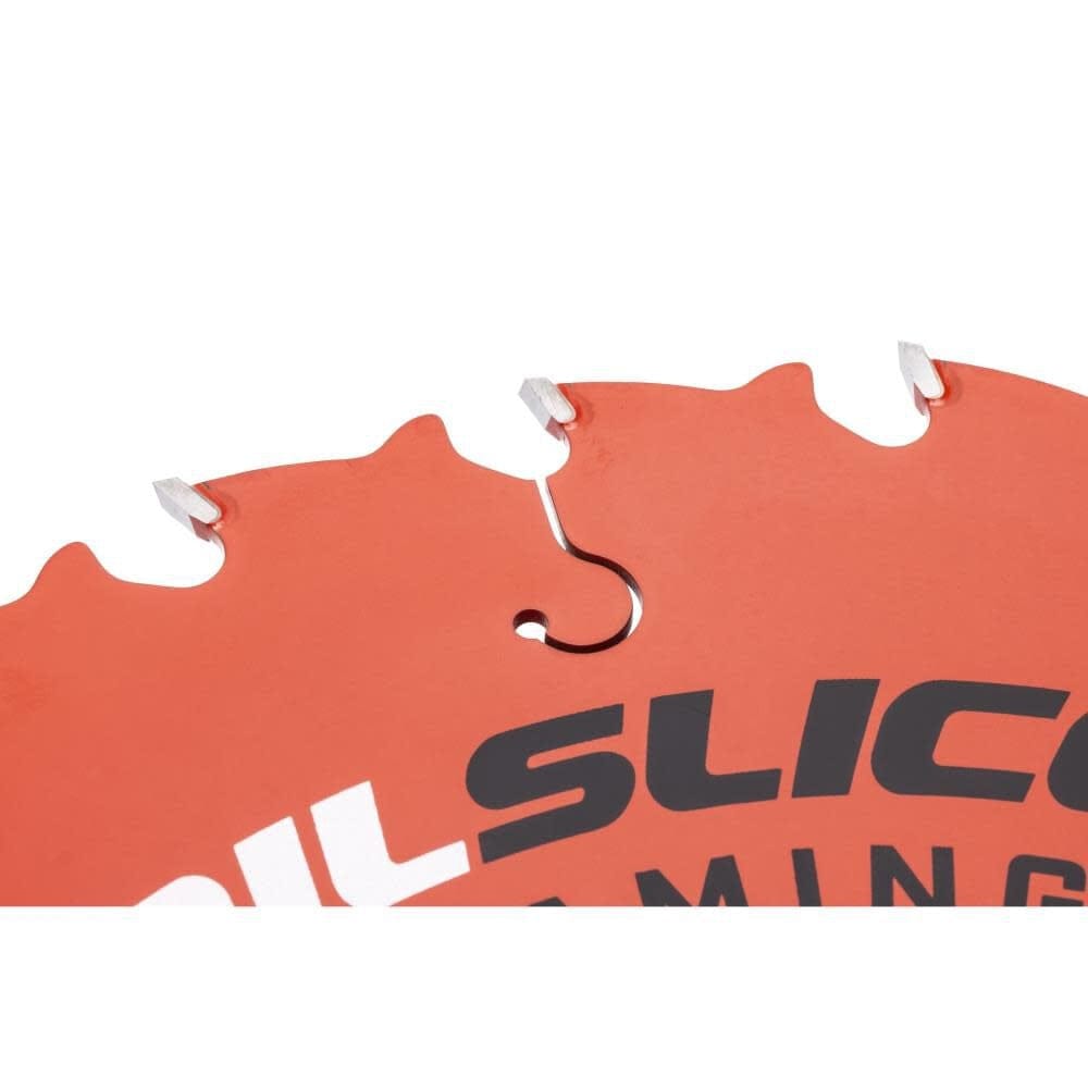 Close-up of red circular saw blade labeled “SLIC”; large carbide teeth and alternating bevels visible for framing use.