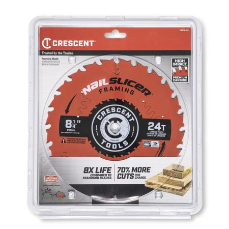 Front packaging of Crescent NailSlicer framing blade with 8-1/4 inch diameter and 24 carbide teeth for framing cuts.