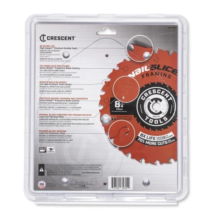 Back packaging of Crescent VAIL SLICE framing blade showing features like 8X blade life and anti-vibration design.