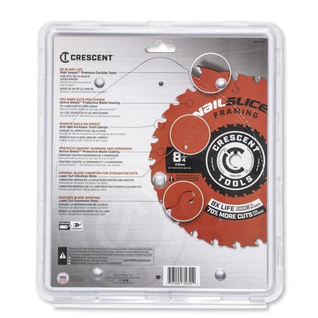 Back packaging of Crescent VAIL SLICE framing blade showing features like 8X blade life and anti-vibration design.