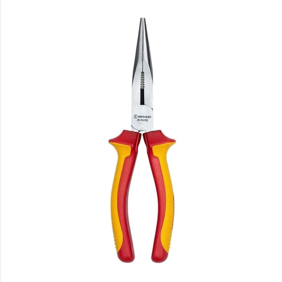 Studio front view of the Crescent 8 inch VDE insulated long nose pliers, showing the long serrated jaws and the red and yellow ergonomic handles