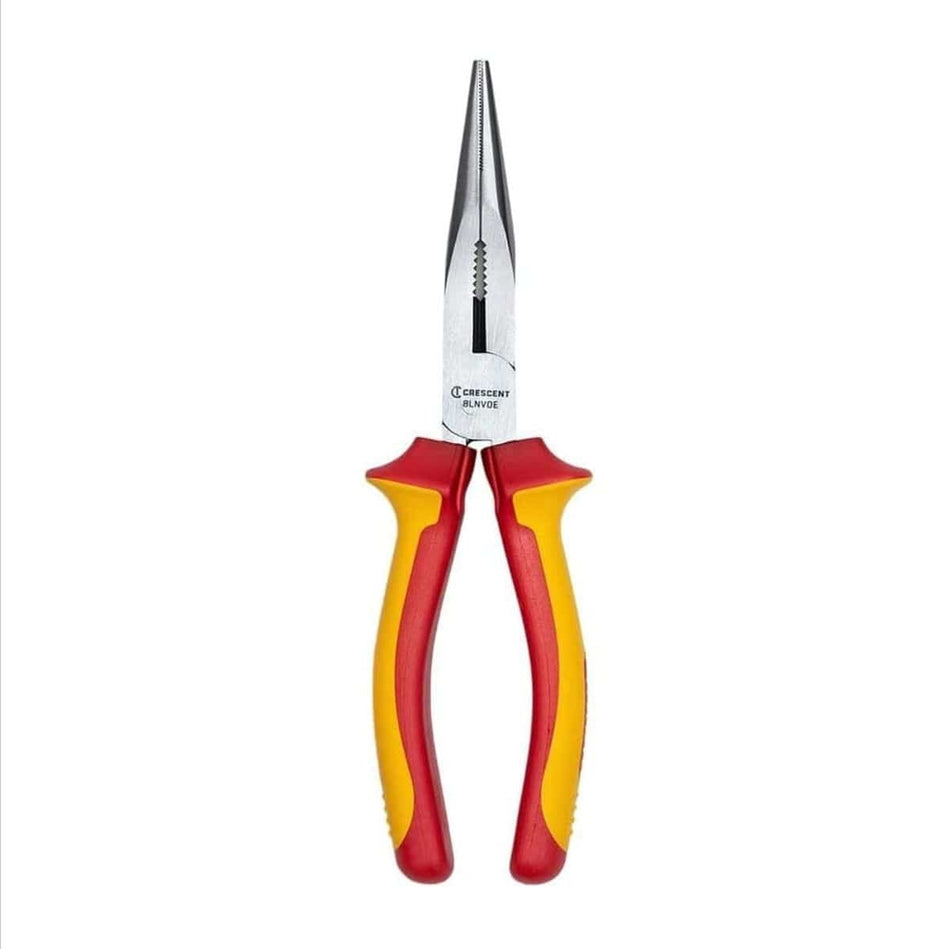 Studio front view of the Crescent 8 inch VDE insulated long nose pliers, showing the long serrated jaws and the red and yellow ergonomic handles