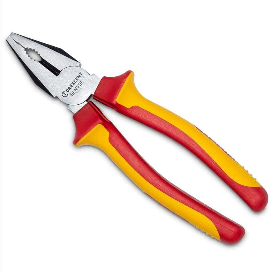 Studio view of the Crescent 8-inch VDE insulated lineman pliers featuring polished steel jaws and red and yellow safety handles against a white background.
