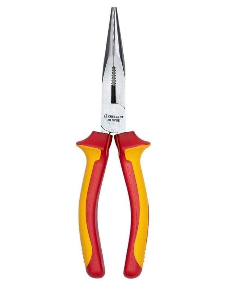 Studio front view of the Crescent 8 inch VDE insulated long nose pliers, showing the long serrated jaws and the red and yellow ergonomic handles