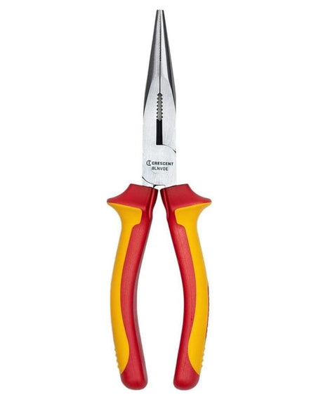 Studio front view of the Crescent 8 inch VDE insulated long nose pliers, showing the long serrated jaws and the red and yellow ergonomic handles