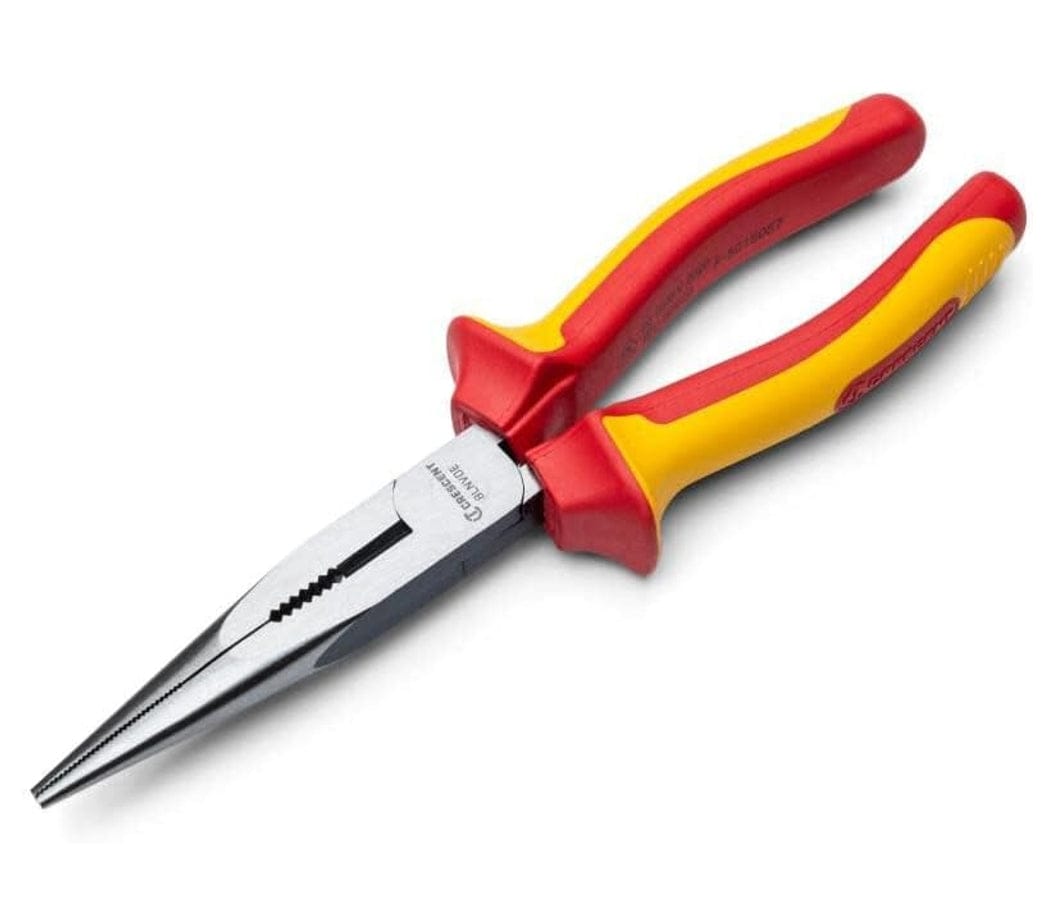 Angled studio view of the Crescent 8 inch VDE insulated long nose pliers opened, emphasizing the two-tone ergonomic handles