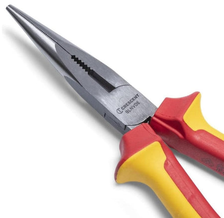 Close-up view of the VDE long nose plier jaws, highlighting the precision tip, fine serrations, and the laser hardened cutting edge near the joint