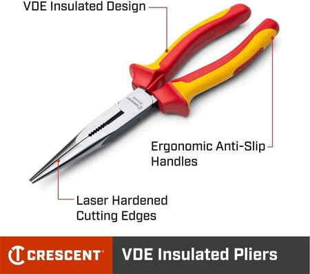 Infographic diagram of the VDE long nose pliers labeling key features: VDE insulated design, ergonomic anti-slip handles, and laser hardened cutting edges