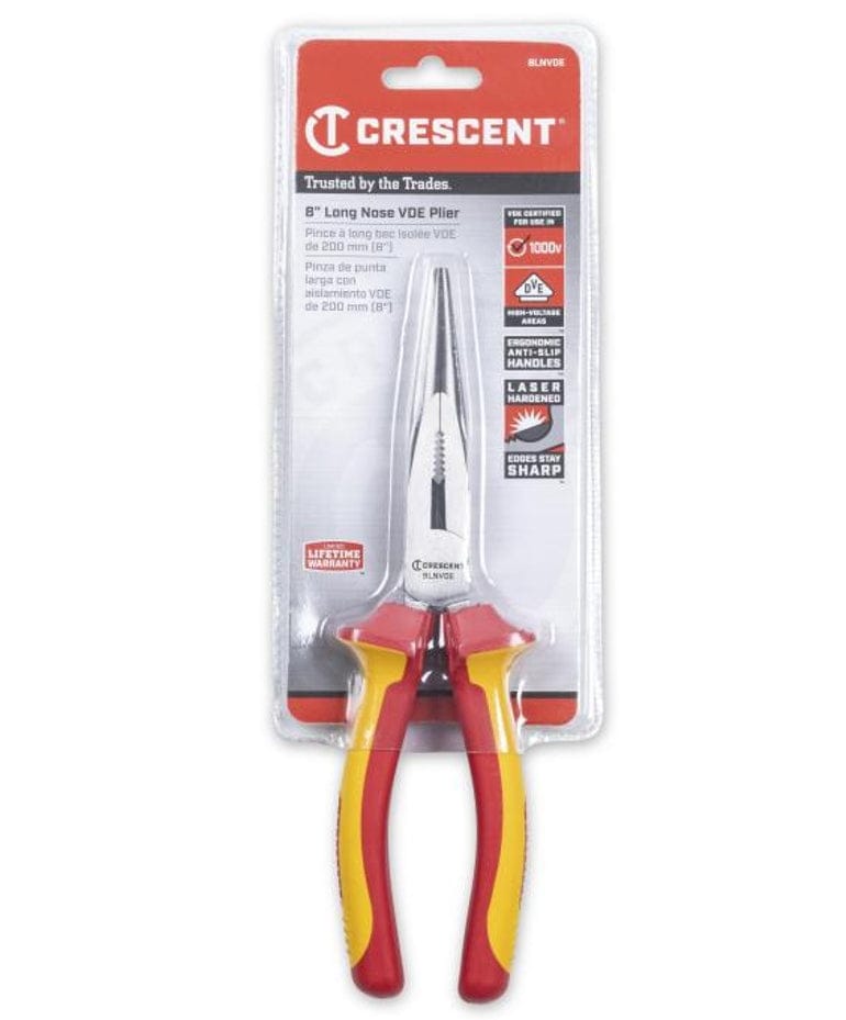 Retail packaging for the Crescent 8 inch Long Nose VDE Plier, highlighting the 1000V rating, anti-slip handles, and laser hardened cutting edges