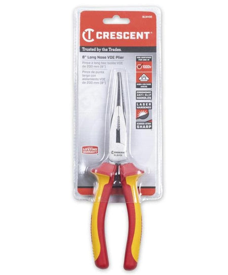 Retail packaging for the Crescent 8 inch Long Nose VDE Plier, highlighting the 1000V rating, anti-slip handles, and laser hardened cutting edges
