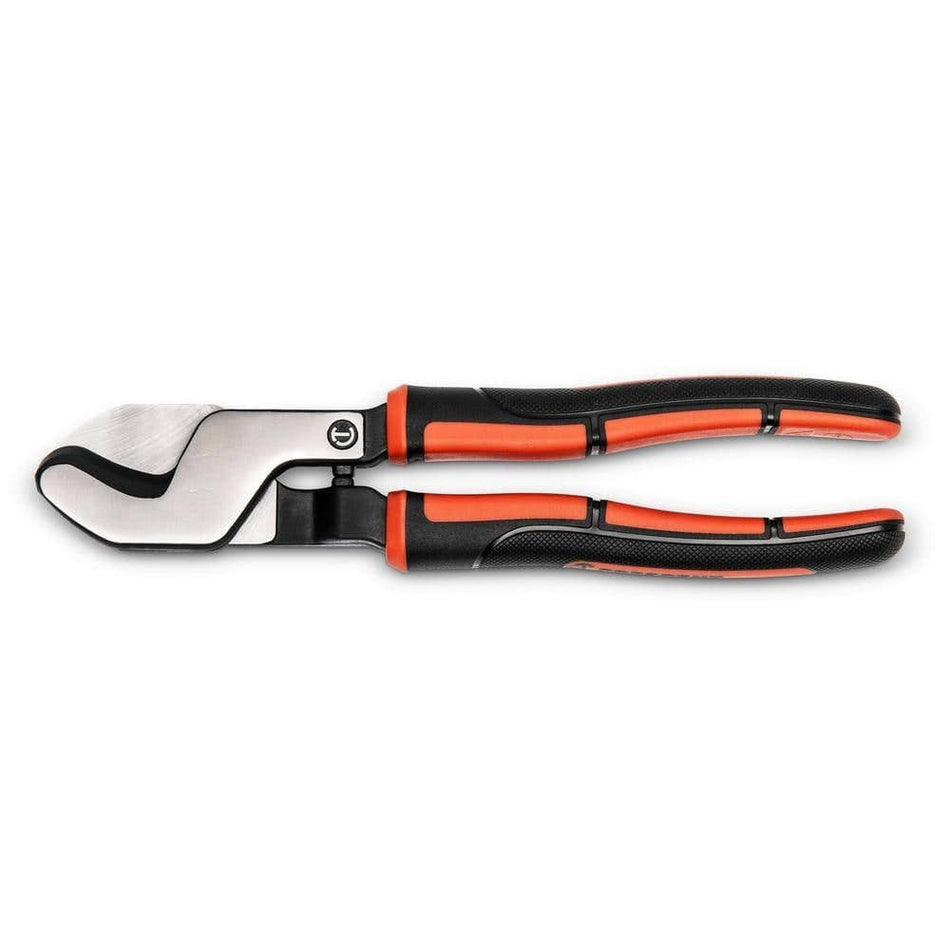 A professional studio product image of the Crescent 9-1/2 inch electrical cable cutter against a white background, showcasing the heavy-duty steel construction and ergonomic black and orange non-slip grips.
