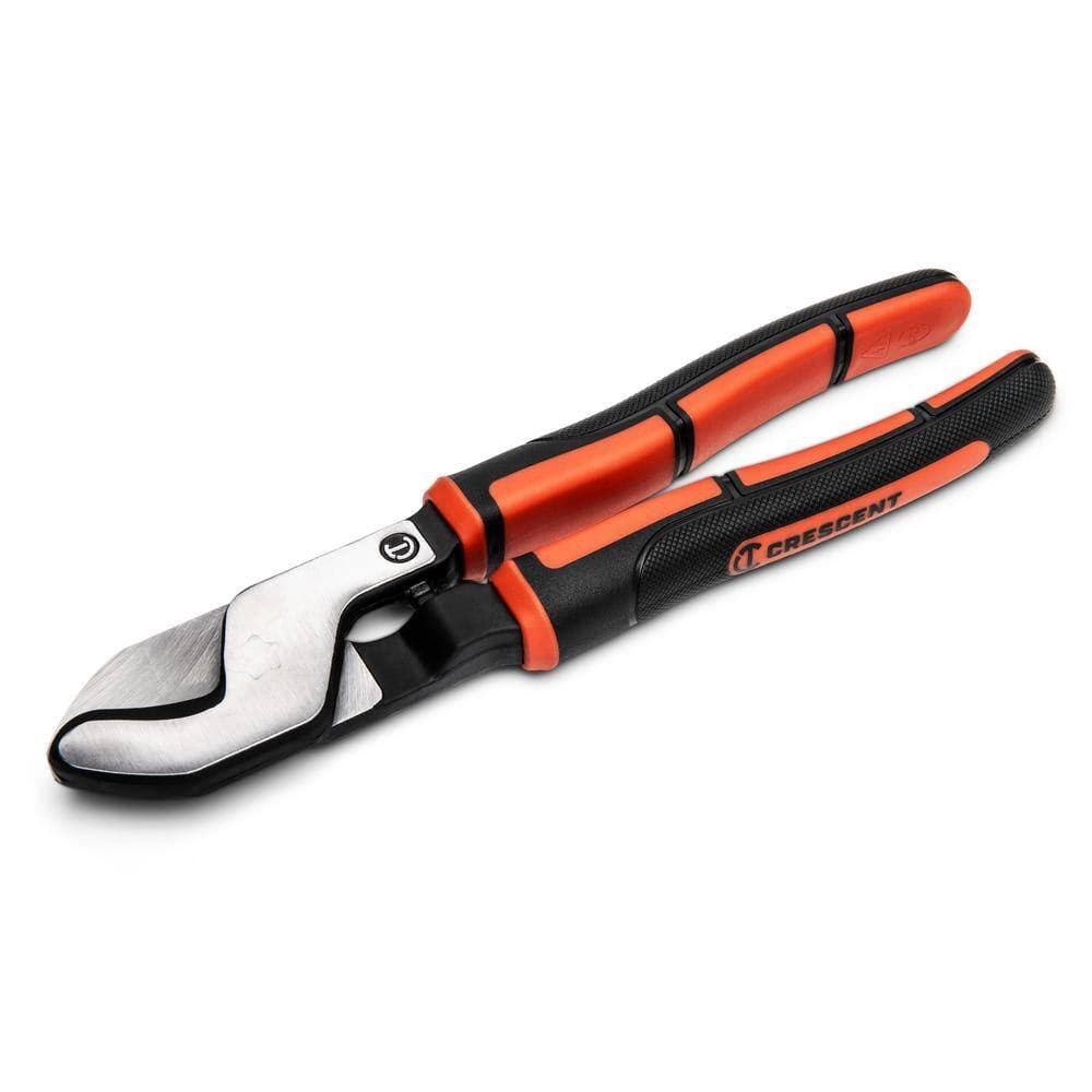 A close-up perspective of the Crescent CT0890ECC electrical hand tool, displaying the durable steel blades and the textured anti-slip handle material designed for comfort.