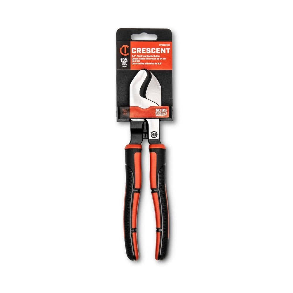 The Crescent 9-1/2 inch electrical cable cutter in its original retail hanging packaging, highlighting the 13 percent less force to cut claim and the manufacturer's lifetime warranty.