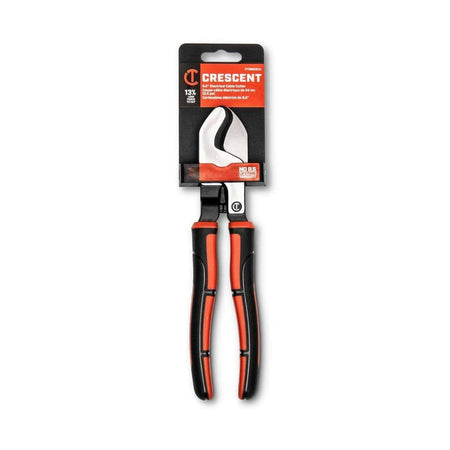 The Crescent 9-1/2 inch electrical cable cutter in its original retail hanging packaging, highlighting the 13 percent less force to cut claim and the manufacturer's lifetime warranty.