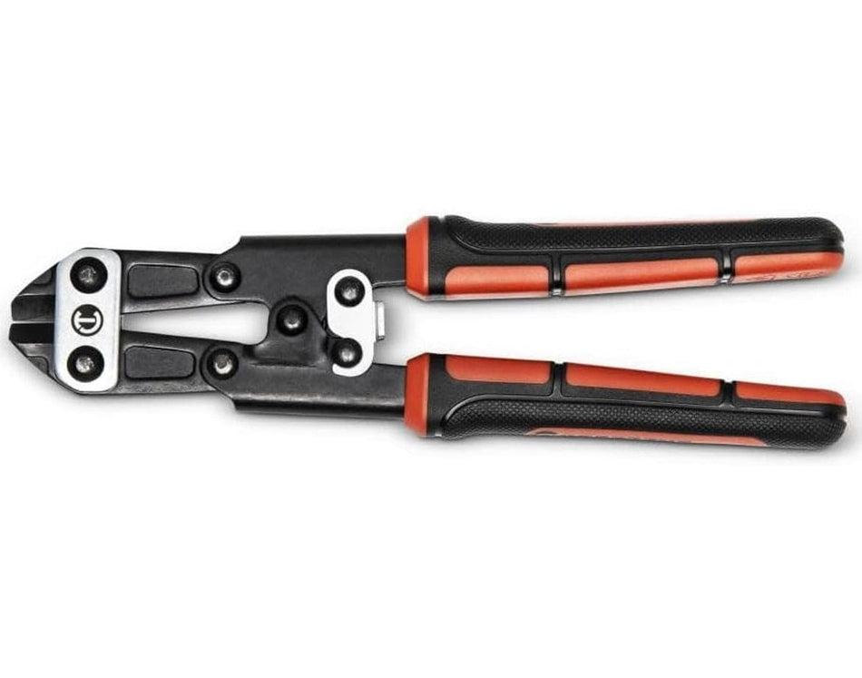 A top-down studio shot of the Crescent 9-inch multi-purpose wire cutter in a closed position, showcasing the black and rawhide ergonomic non-slip grips and the high-leverage compound joint design.
