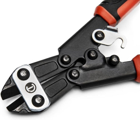 A close-up view of the Crescent 9-inch wire cutter's head in an open position, showing the precision-ground flush cut blades and the integrated auto-unlock safety latch.