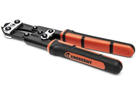 A side-profile view of the Crescent multi-purpose wire cutter, emphasizing the slim tool profile and the textured rawhide comfort grips designed for professional shop and job site use.