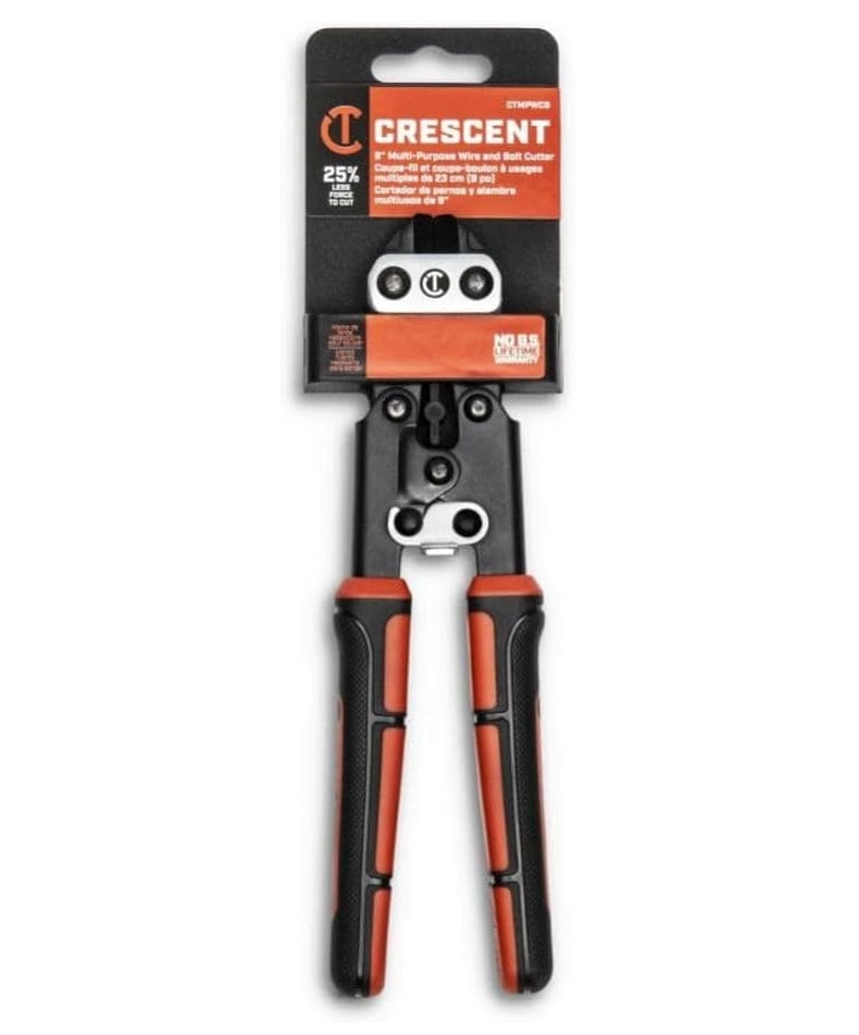 The retail carded packaging for the Crescent 9-inch multi-purpose wire and bolt cutter, calling out the 25% lower force to cut and the limited lifetime warranty.