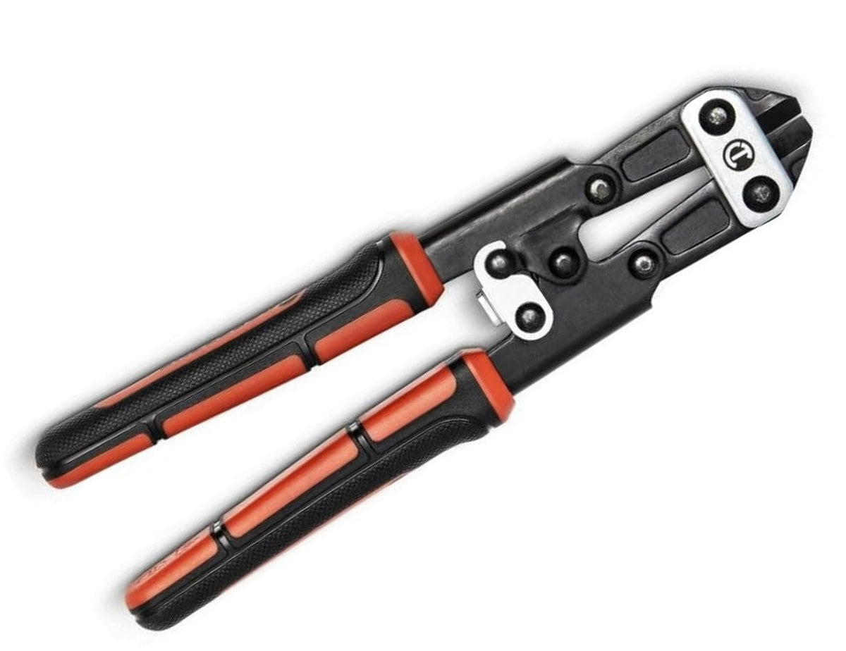 A full studio shot of the Crescent high-leverage flush cut pliers in a slightly open position, demonstrating the smooth action of the compound joint and safety latch mechanism.
