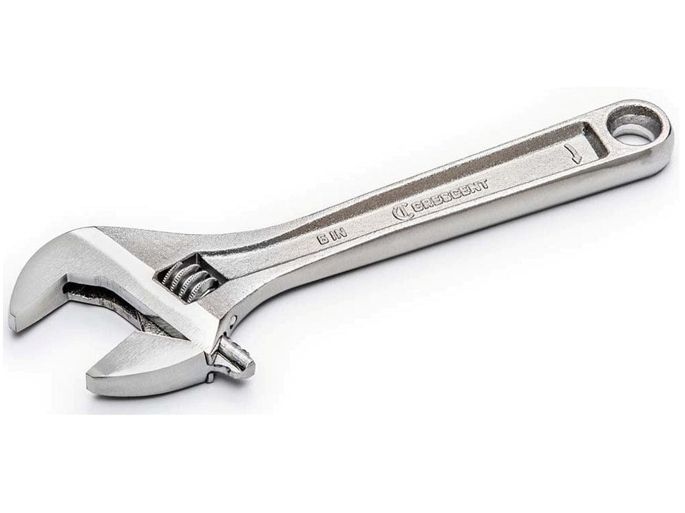 The entire Crescent AC26BK 6-inch chrome adjustable wrench on a white background, displaying the satin chrome finish, adjustable jaw, and the integrated hang hole.