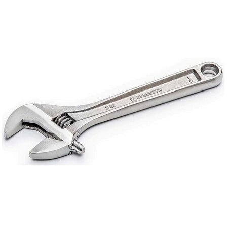 The entire Crescent AC26BK 6-inch chrome adjustable wrench on a white background, displaying the satin chrome finish, adjustable jaw, and the integrated hang hole.