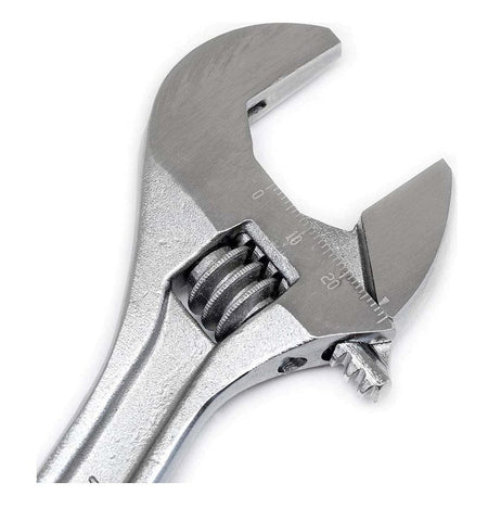 A close-up of the chrome jaw and knurl of the Crescent 6-inch adjustable wrench, showing the etched Metric measurement scale (0, 10, 20 mm).