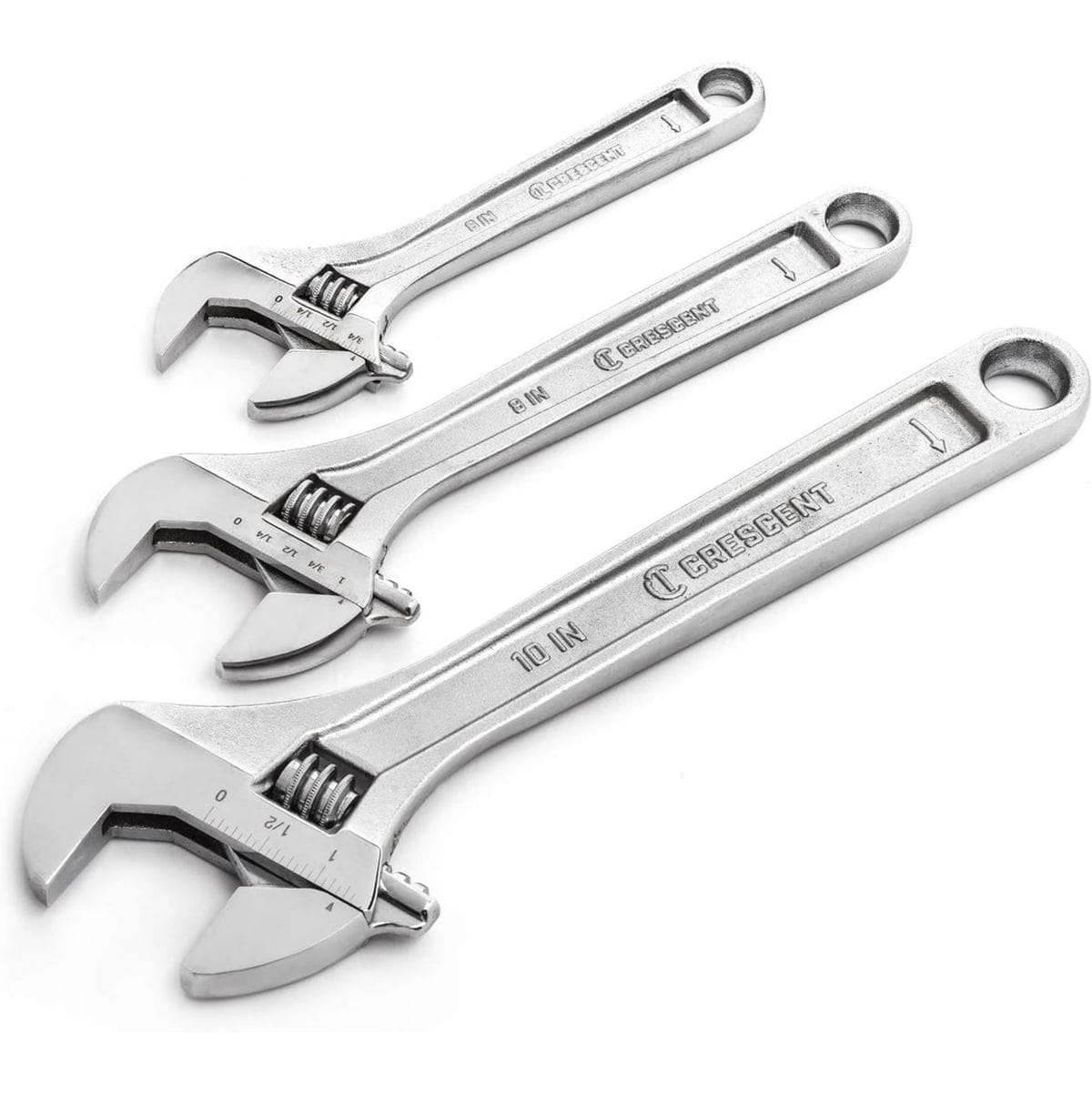 A top-down studio product photograph of the Crescent AC3PC adjustable wrench set, showing the 6-inch, 8-inch, and 10-inch chrome plated wrenches arranged diagonally in size order to display their polished heads and satin handles on a clean white background.
