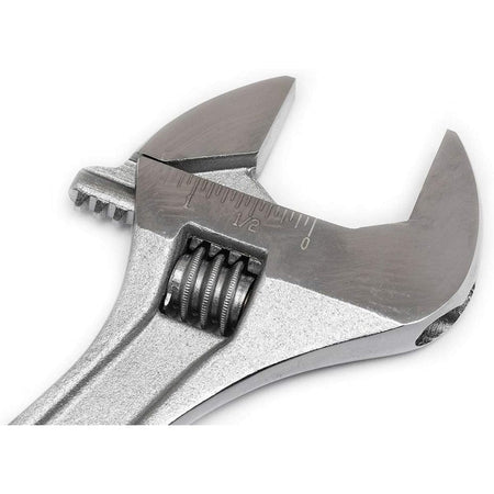 A detailed product close-up view focusing on the reverse side of the polished wrench jaws, showcasing the fractional imperial SAE sizing layout scale laser-etched directly onto the alloy steel frame.