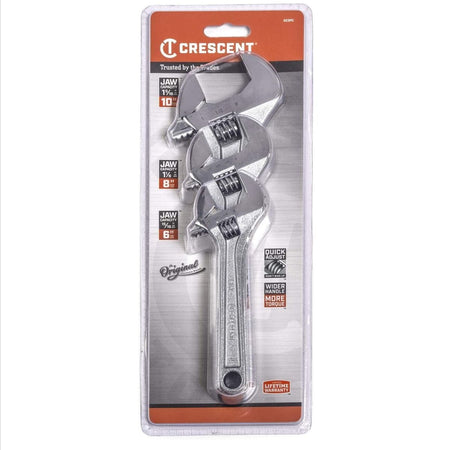 A retail presentation view of the 3-piece Crescent adjustable wrench hand tool kit enclosed in its original factory blister card packaging, outlining model features like its lifetime warranty and dual scale capacities.