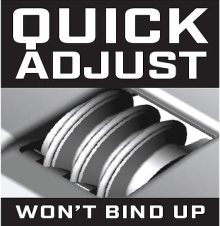 An e-commerce marketing graphic block featuring a macro-focused rendering of a three-tier steel tension adjustment wheel, set between black text blocks reading Quick Adjust and Won't Bind Up.
