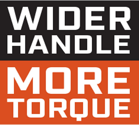 A promotional feature graphic layout containing high-contrast text callouts that highlight the structural design benefits, reading Wider Handle in white on a black field and More Torque in white on a bright orange field.