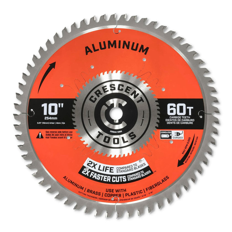 Product label view of the 10-inch, 60-tooth Crescent APEX circular saw blade with orange coating, highlighting key features like 2X faster cuts and its specific use for aluminum, brass, copper, plastic, and fiberglass.