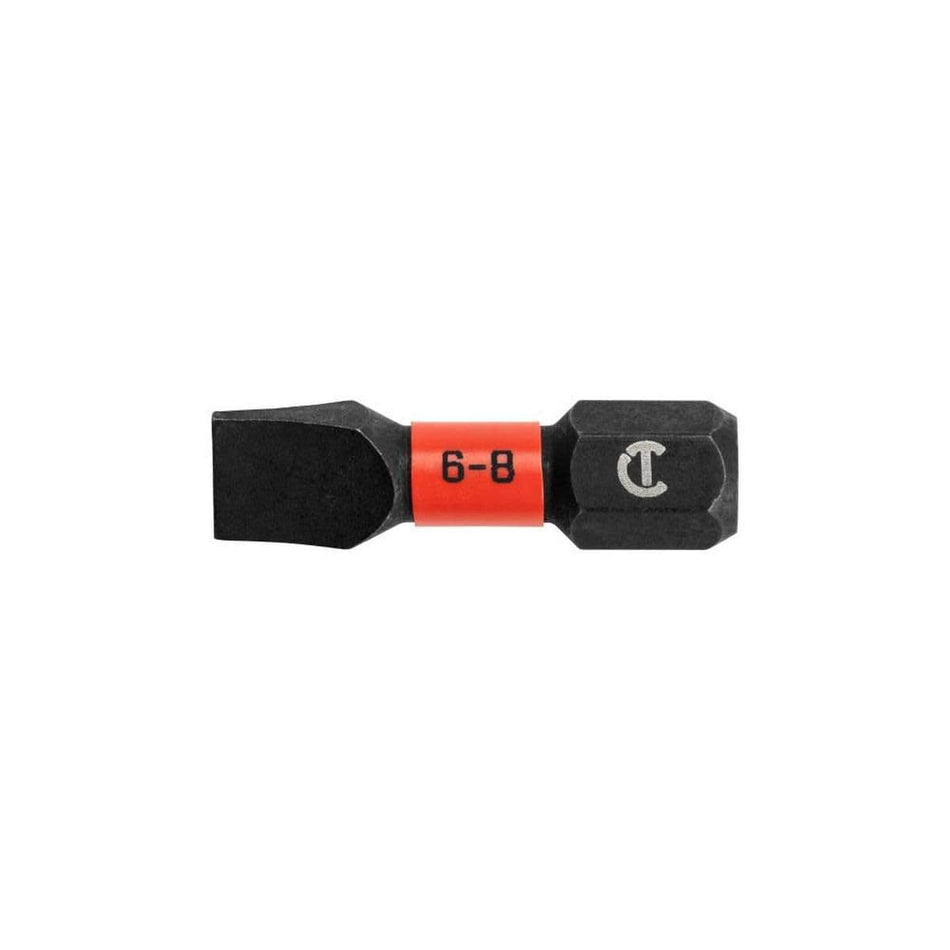 A Crescent APEX Vortex 1-inch slotted impact power bit for size 6-8 fasteners, featuring a black oxide finish and a high-visibility red center band with laser-etched size markings.