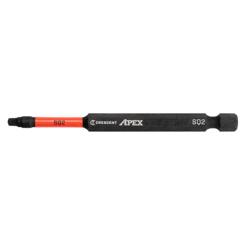 Side profile view of the 3-1/2 inch #2 square drive impact bit showing the red identification sleeve, Crescent APEX logo, and hex shank.