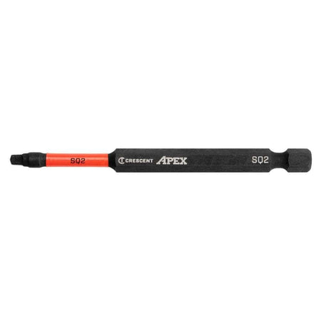 Side profile view of the 3-1/2 inch #2 square drive impact bit showing the red identification sleeve, Crescent APEX logo, and hex shank.