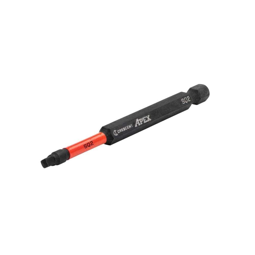 Angled studio view of the #2 square recess power bit displaying the black oxide finish, red SQ2 band, and 1/4 inch hex shank.