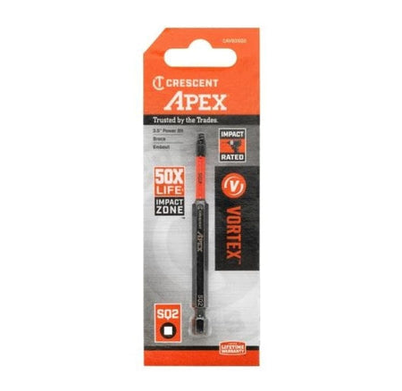 Front view of the retail packaging for the Crescent APEX 3.5 inch power bit featuring the Vortex logo, 50X life claim, and SQ2 size indication.