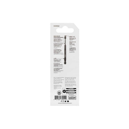 Rear view of the retail packaging card detailing features such as the torsion design for impact applications, optimized tip geometry, and proprietary heat treat process.