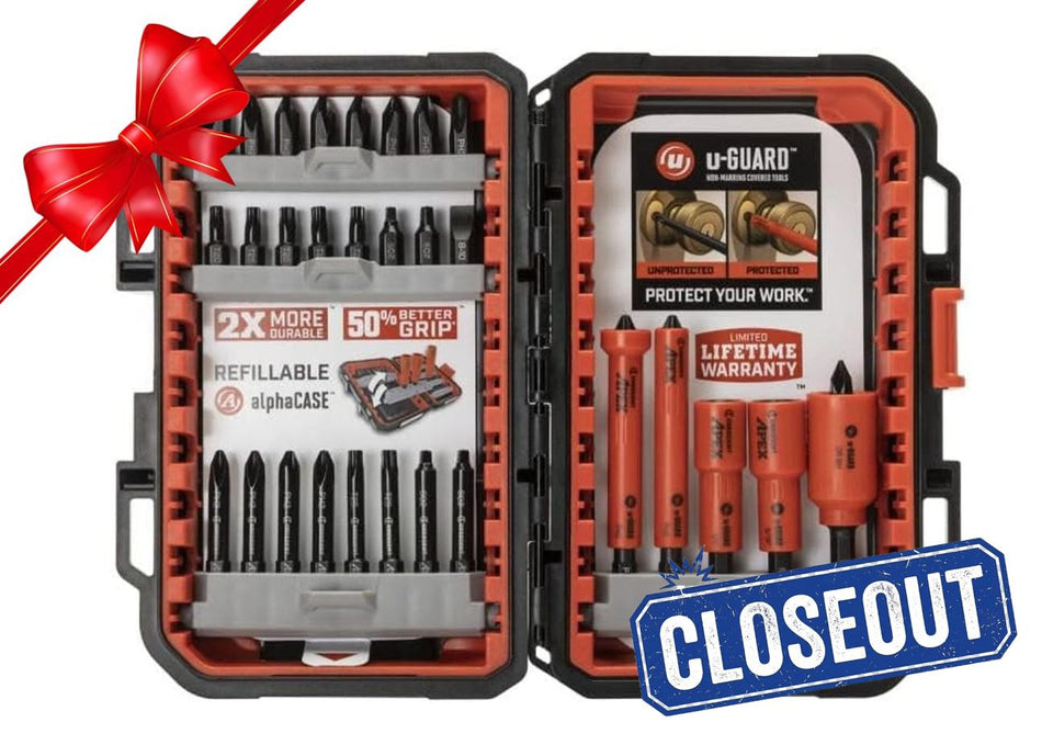 Open tool case with drill bits and accessories, featuring a red bow and 'Closeout' label.